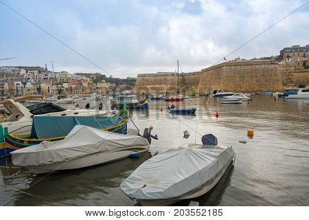 Boats And Yachts Anchoring In Valletta, Malta