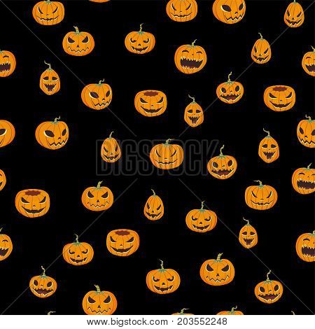 Seamless halloween pattern with carved pumpkinst. Jack-o-lantern. Vector illustration, isolated on black background. Fabric print design.