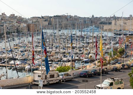 Boats And Yachts Anchoring In Valletta, Malta