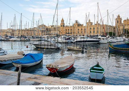 Boats And Yachts Anchoring In Valletta, Malta