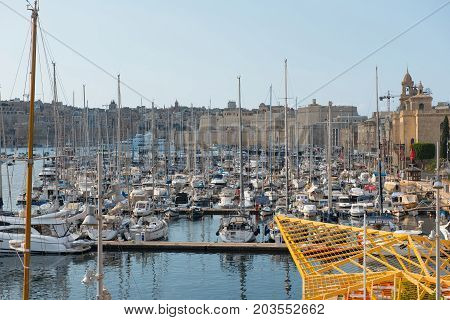 Boats And Yachts Anchoring In Valletta, Malta
