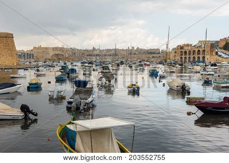 Boats And Yachts Anchoring In Valletta, Malta
