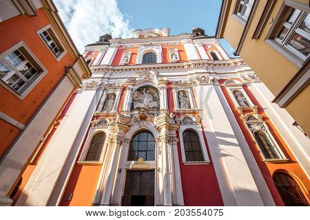 View on the facade of the Fara church in Poznan, Poland