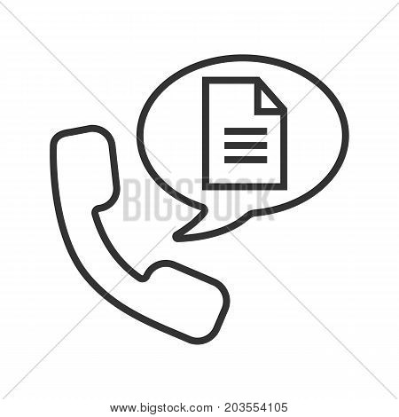Phone call for instructions linear icon. Thin line illustration. Handset with document inside speech bubble. Contour symbol. Vector isolated outline drawing