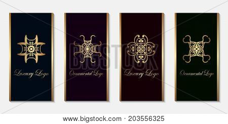 Logo Design Templates Set With Golden Gradient On Dark Background. For Luxury Products, Emblems, Pac