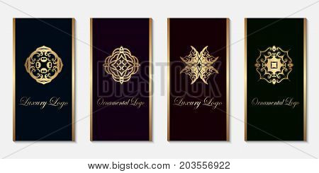 Logo Design Templates Set With Golden Gradient On Dark Background. For Luxury Products, Emblems, Pac