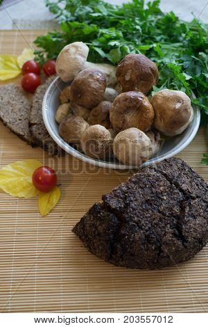 Cooked mushrooms for soup of mushrooms on homemade.