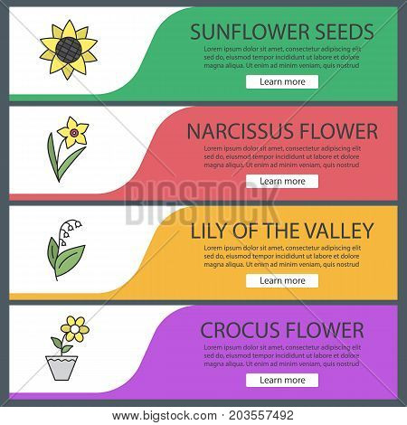 Flowers web banner templates set. Sunflower head, daffodil, lily of the valley, crocus. Website color menu items. Vector headers design concepts