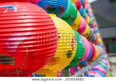 Colorful lantern closeup in buddhist temple Songgwangsa South Korea. 12 april 2017 close to Budda birthday time