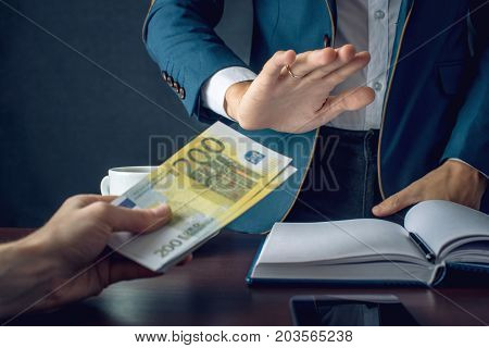 Man Businessman In Suit Refuses To Take The Money By Showing That He Is Not A Grafter. Concept Of Co