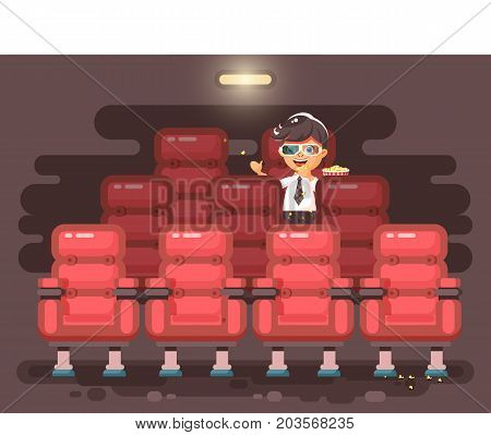 Stock vector illustration cartoon character child pupil schoolboy lonely brunette boy sits in armchair, cinema hall, eat popcorn, watching movie in 3d glasses flat style