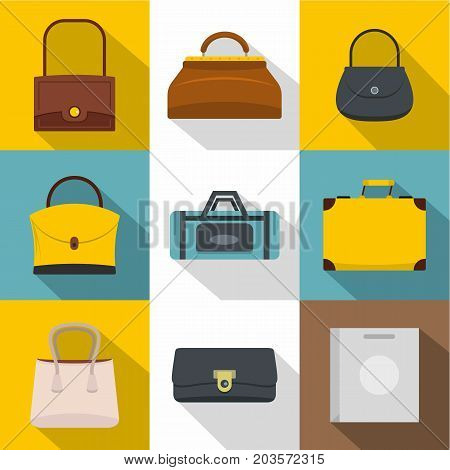 Various types of bags icon set. Flat style set of 9 various types of bags vector icons for web design