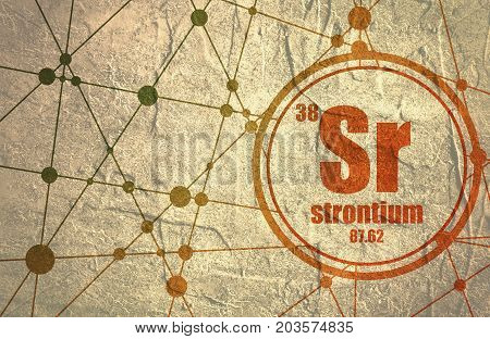 Strontium chemical element. Sign with atomic number and atomic weight. Chemical element of periodic table. Molecule And Communication Background. Connected lines with dots. Grunge distress texture.