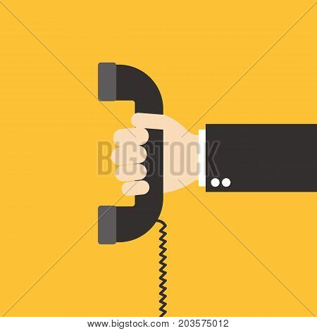 Hand holding telephone. Old telephone. Vector stock.
