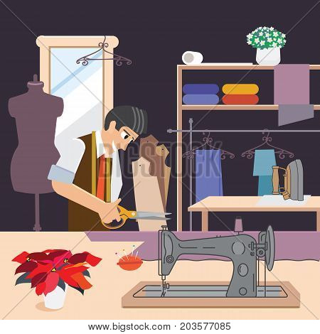 A tailor in sewing clothes, vector illustration. Cutter at work. Male seamstress tailors from fabric