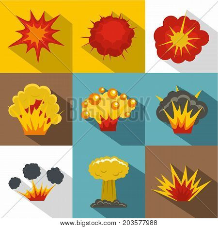 Different explosion icon set. Flat style set of 9 different explosion vector icons for web design