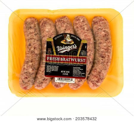 Winneconne WI - 7 September 2017: A package of Usinger's fresh bratwurst on an isolated background.