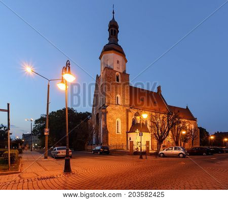 Church in Zory after sunset. Poland Europe.