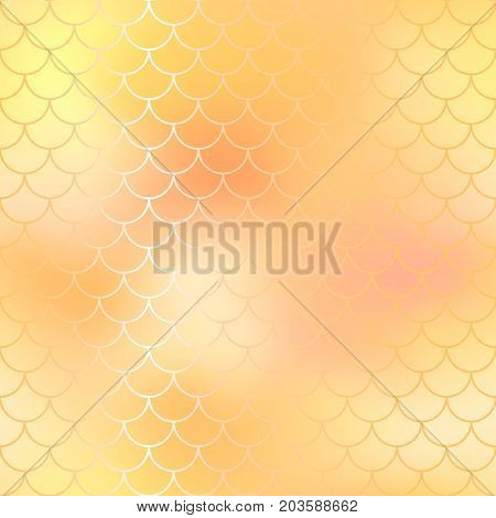 Fish scale pattern background. Gradient mesh vector texture. Yellow fish skin background. Fantastic shiny gold fish pattern tile. Mermaid vector pattern. Fish skin seamless pattern in golden color