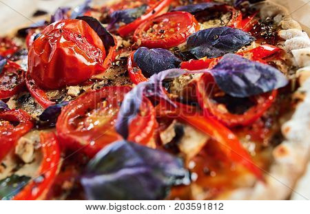 Home Made Vegan Pizza With Mushrooms, Tomatoes, Basil, Peppers And Aubergines - Thin Pastry Crust At