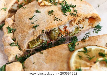 Piece Of Vegetable Pie With Rice And Okra, Close-up.