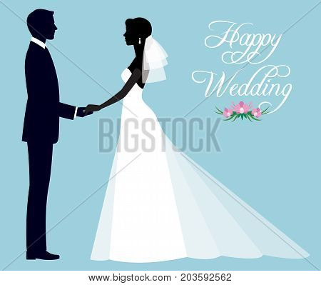 Silhouette of a loving couple of newlyweds groom and bride in full length in wedding dresses Stock vector illustration