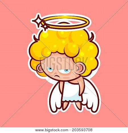 Sticker emoji emoticon, emotion depression, resentment, view from under forehead vector character sweet divine entity, heavenly angel, saint spirit, wings, radiant halo pink background for mobile app