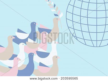 Pigeons flying in the sky above the ground. An olive branch in the beak of a bird. Model of the planet Earth. Vector illustration in a flat design.