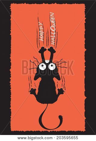 A black cat climbs the wall and leaves scratches. The idea for Halloween. Greeting card. Vector illustration.