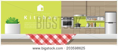 Interior design with table top and Modern kitchen background , vector , illustration