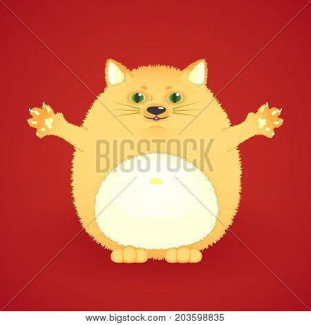 Funny fat ginger cat on red background. Vector illustration of a happy pet