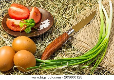 Composition In A Rural Style. Classic Knife And Vegetables.