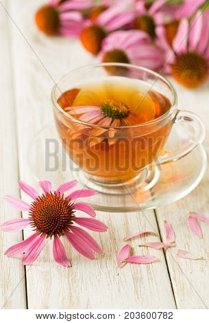 Cup of echinacea tea on white wooden table.