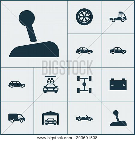 Auto Icons Set. Collection Of Wheel, Convertible Model, Accumulator And Other Elements