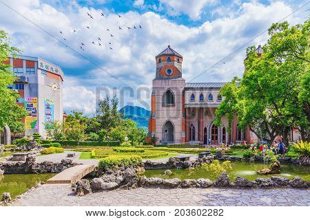 TAIPEI TAIWAN - JULY 05: This is the Aletheia University Oxford college campus which is an historical landmark where many tourists come to view the achitecture in Tamsui on July 05 2017 in Taipei
