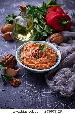 Arabic or Middle Eastern dip Muhammara. Selective focus