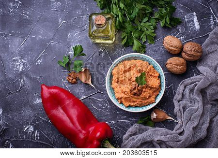 Arabic or Middle Eastern dip Muhammara. Selective focus