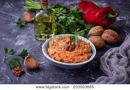 Arabic or Middle Eastern dip Muhammara. Selective focus