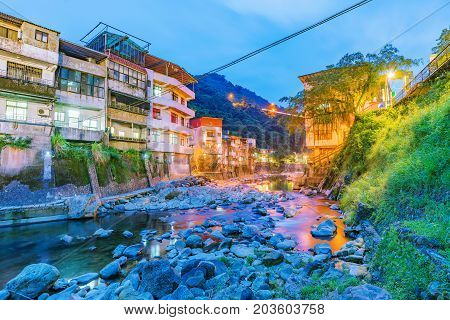 Shiding district river view and old buildings at night