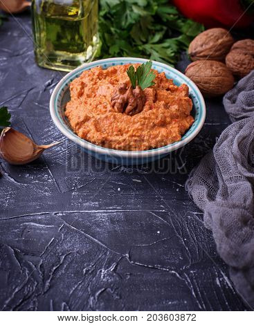 Arabic or Middle Eastern dip Muhammara. Selective focus