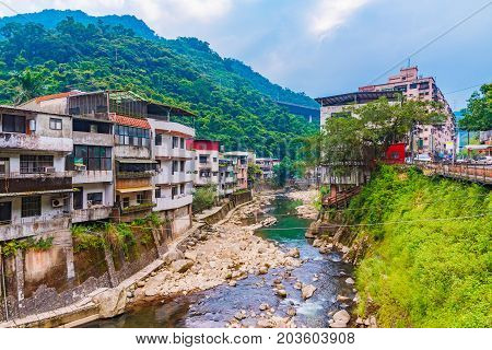Shiding old street architecture and river in Taiwan