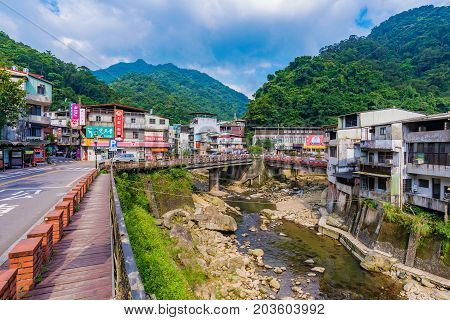 TAIPEI TAIWAN - JUNE 29: This is Shiding old street located in the rural Shiding district of Taipei The area features old architecture and nature on June 29 2017 in Taipei