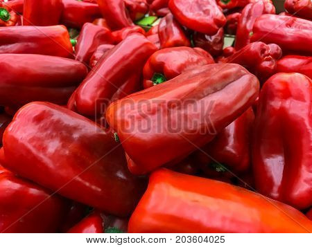 Fresh red peppers on display at the market.