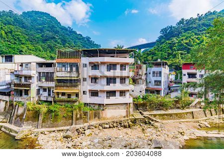 View of Shiding old street riverside housing