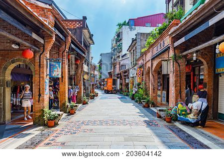 TAIPEI TAIWAN - JUNE 29: This is Shenkeng old street a famous old street which features old Chinese arhcitecture and tradititonal shops and restaurants on June 29 2017 in Taipei