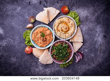 Selection of Middle Eastern or Arabic appetizers. Top view