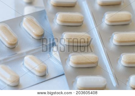 Close up of pills in blister pack.