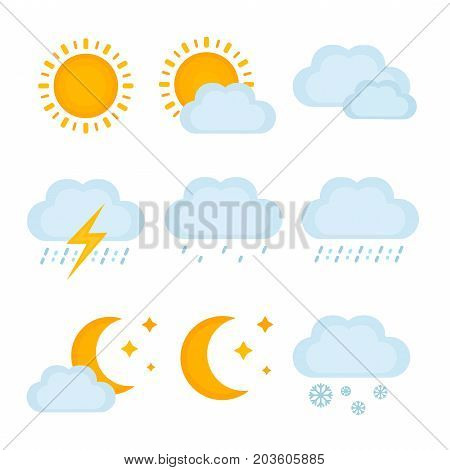 Weather forecast, metcast signs. Vector modern flat style cartoon illustration icon. Isolated on white background. Sun, clouds, rain, thunder, snow