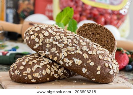 healthy wholemeal bread on marble table background.