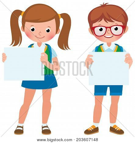 Vector Cartoon Illustration Of Two Student Girl And Boy Are Holding Empty Blank